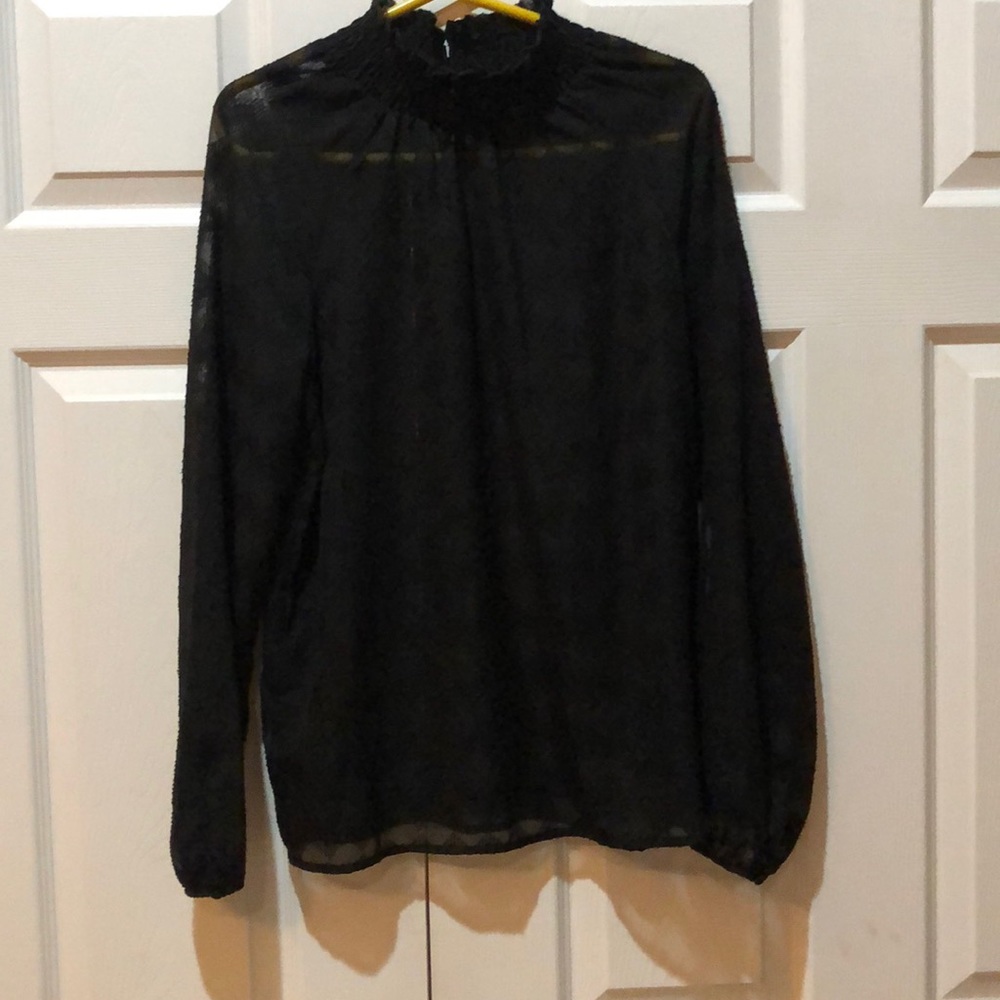 Mock neck roushed black sheer blouse